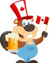 Patriotic Beaver Cartoon Character Holding Mug Of Beer And Waving Canadian Flag Royalty Free Stock Photo