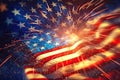 Patriotic brilliance, USA flag waves amid dazzling fireworks Royalty Free Stock Photo