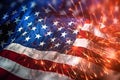 Patriotic brilliance, USA flag waves amid dazzling fireworks Royalty Free Stock Photo