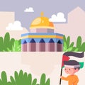 a patriotic child with free palestine flag that colored green red black and white, aqsa mosque with the dome, many trees