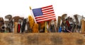 Patriotic collection of worn and used work tools with small US American flag. Made in USA, American workforce, or Labor Day