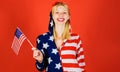 Patriotic costume. Happy girl American flag. 4th July. Independence day. USA. United states. Summer. Royalty Free Stock Photo