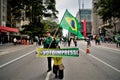 Patriotic couple with the Brazilian flag and banner written `# printed vote` at the demonstration on Paulista avenue Royalty Free Stock Photo