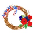 Patriotic decor. Memorial or Remembrance Day wreath with poppies and striped stars. Red, blue and white colors of US flag Royalty Free Stock Photo