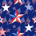 Patriotic decorative red, white and blue seamless pattern with US flags and stars on navy blue background. Memorial day Royalty Free Stock Photo