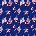 Patriotic decorative red, white and blue seamless pattern with US flags and stars on navy blue background. Memorial day Royalty Free Stock Photo