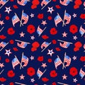 Patriotic decorative seamless pattern with US flags and poppies on navy blue background. Memorial and 4th of july hand painted Royalty Free Stock Photo