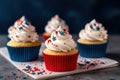 Patriotic Delights: Red, White, and Blue Cupcakes for 4th July Celebration. created with Generative AI