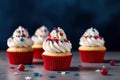Patriotic Delights: Red, White, and Blue Cupcakes for 4th July Celebration. created with Generative AI