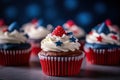 Patriotic Delights: Red, White, and Blue Cupcakes for 4th July Celebration. created with Generative AI Royalty Free Stock Photo