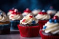 Patriotic Delights: Red, White, and Blue Cupcakes for 4th July Celebration. created with Generative AI