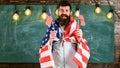 Patriotic education concept. Portrait of cheerful glad excited confident with toothy beaming smile student wearing denim Royalty Free Stock Photo