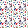 Patriotic floral blue bicycle with american flags, crackers and balloons seamless pattern on white background