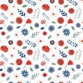 Patriotic floral seamless pattern with colorful flowers on white background