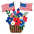 Patriotic flowers bouquet with fireworks and flags illustration on white background Royalty Free Stock Photo