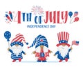 Patriotic Gnome with fireworks and hand lettering sigh 4th of July. Scandinavian Nordic Gnomes celebrate Independence day USA. For Royalty Free Stock Photo