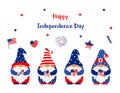 Patriotic gnomes of American flag colors are holding rocket, US flag, star and heart in their hands. Symbols of the celebration of Royalty Free Stock Photo