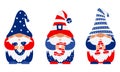 Patriotic gnomes in caps in american flag colors hold the letters USA in their hands. Gnomes celebrate Independence Day, on July