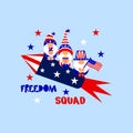 Patriotic gnomes on rocket, funny quote Freedom squad. 4th of july concept with american flag, popcorn, fireworks, stars Royalty Free Stock Photo