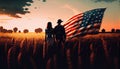 Patriotic holiday Young couple American flag whe field sunset Independence Day 4th July celebration family us agriculture america Royalty Free Stock Photo