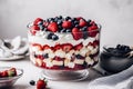 Patriotic Independence Day festive trifle. Festive layered in colors American flag for 4 of July. Generative AI.