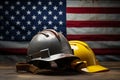 Patriotic Labor Day tableau Helmet, tools, and flag epitomize American industriousness Royalty Free Stock Photo