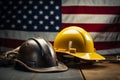 Patriotic Labor Day tableau Helmet, tools, and flag epitomize American industriousness Royalty Free Stock Photo