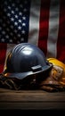 Patriotic Labor Day tableau Helmet, tools, and flag epitomize American industriousness Royalty Free Stock Photo