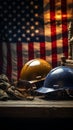 Patriotic Labor Day tableau Helmet, tools, and flag epitomize American industriousness Royalty Free Stock Photo
