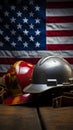 Patriotic Labor Day tableau Helmet, tools, and flag epitomize American industriousness Royalty Free Stock Photo