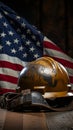 Patriotic Labor Day tableau Helmet, tools, and flag epitomize American industriousness Royalty Free Stock Photo