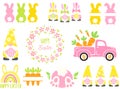 Cute Easter Svg Bundle. Easter clipart - gnomes, carrot truck, bunny split, floral sign, rainbow, bunny tail Royalty Free Stock Photo