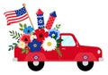 Patriotic floral truck with crackers and flag on white background