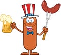 Patriotic Sausage Cartoon Character Holding A Beer And Weenie On A Fork Royalty Free Stock Photo