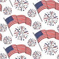 Patriotic seamless pattern with USA flags and firework. Vector illustration Royalty Free Stock Photo