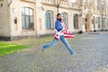 Patriotic spirit. Patriotic man jumping with american flag. Independence day. Bearded hipster patriotic citizen. Happy