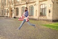 Patriotic spirit. Patriotic man jumping with american flag. Independence day. Bearded hipster patriotic citizen. Happy