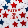 Patriotic stars in red, blue, white celebrating Independence Day with bold 4th OF JULY text. Royalty Free Stock Photo