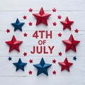Patriotic stars in red, blue, white celebrating Independence Day with bold 4th OF JULY text. Royalty Free Stock Photo