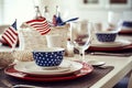 Patriotic table setting with decoration in national flag colors. Happy Independence Day. Generative AI.