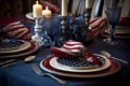 Patriotic table setting with decoration in national flag colors. Happy Independence Day. Generative AI.