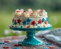 Patriotic Themed Cake with Red, White, and Blue Sprinkles and Stars on a Turquoise Cake Stand for Independence Day Celebration Royalty Free Stock Photo