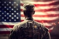 Patriotic Tribute A Proud American Military Man Stands Before the US Flag, Honoring Veterans on Veterans Day. created with