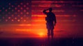 Patriotic Tribute: Saluting Soldier before American Flag - Honoring Military Veterans and Love for Country Royalty Free Stock Photo