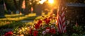 Patriotic Tribute at Sunset: Flag & Flowers Honor Veterans. Concept Patriotic Tribute, Sunset