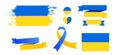 Patriotic Ukraine flag and country emblem vector icons. Ukrainian country symbols in blue yellow ua national colors on