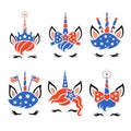 Patriotic unicorn faces with symbols of the USA. Happy 4th of july. Independence day