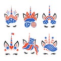 Patriotic unicorn faces with symbols of the USA. Happy 4th of july. Independence day