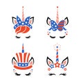 Patriotic unicorn faces with symbols of the USA. Happy 4th of july. Independence day