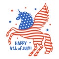 Patriotic unicorn silhouette with flag of the USA. Happy 4th of july card Royalty Free Stock Photo